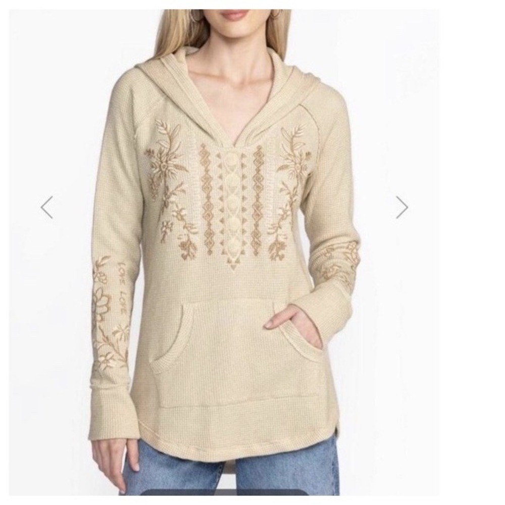 Johnny Was‎ Metallic Thermal Hoodie Cream/ Beige Embroidered  Size S